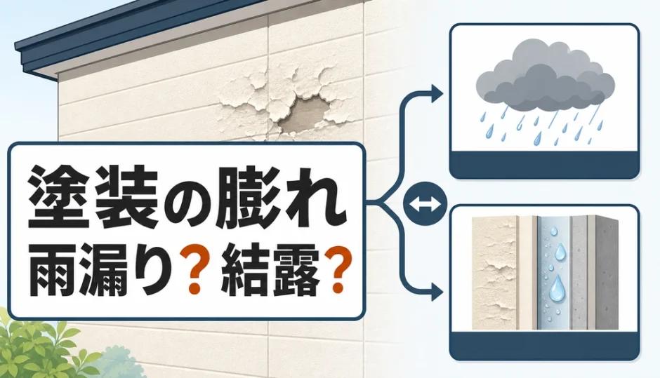外壁塗装の膨れから雨漏りと壁内結露を比較するイメージ
