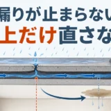 陸屋根の防水層下を雨水が移動し、浸入口と天井シミがずれる様子