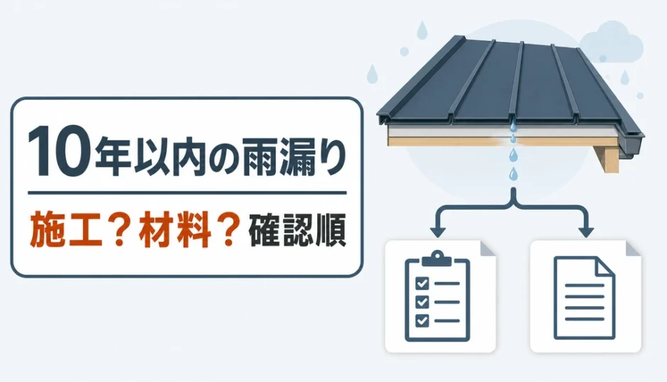 10年以内に起きたガルバリウム鋼板屋根の雨漏りで施工と材料の確認順を示す図