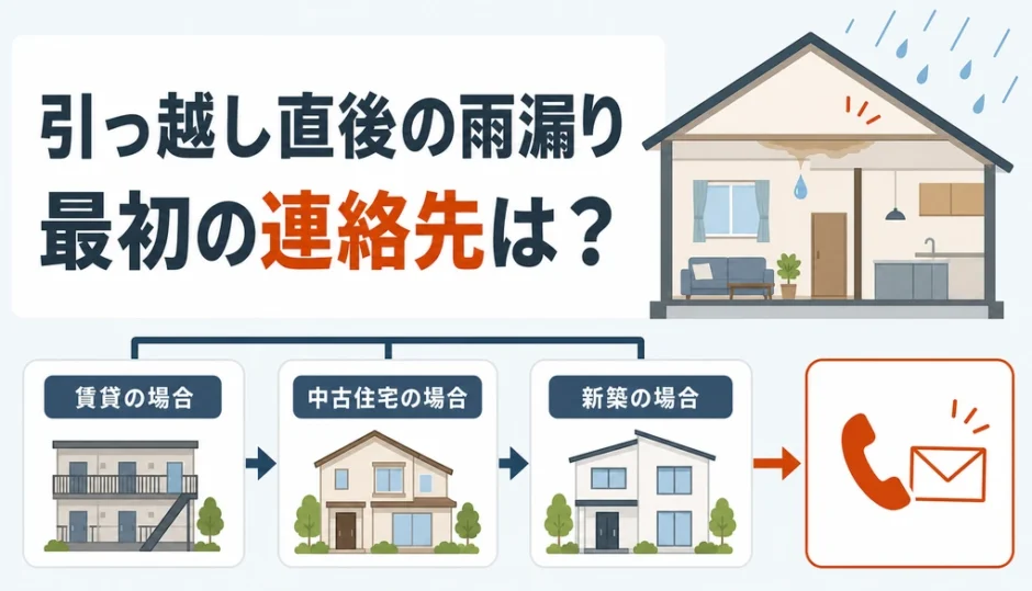 引っ越し直後の雨漏りで賃貸・中古住宅・新築の連絡先を選ぶ図