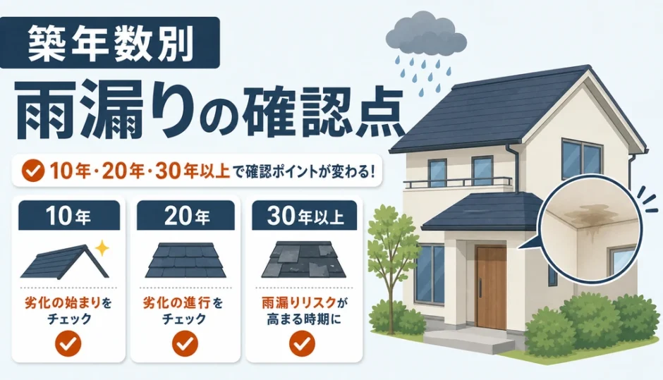 築年数別に雨漏りの確認点を示す家と年数カードの図解