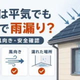 小雨では平気でも大雨で雨漏りする時の雨量・風向き・安全確認を示す図解
