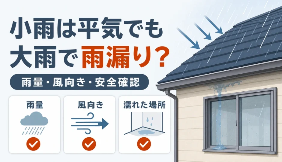 小雨では平気でも大雨で雨漏りする時の雨量・風向き・安全確認を示す図解