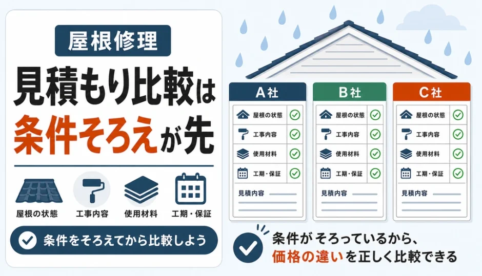 屋根修理の見積もり比較で条件をそろえる重要性を示す図解
