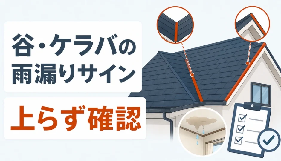 谷とケラバの雨漏りサインを屋根に上らず確認することを示す図