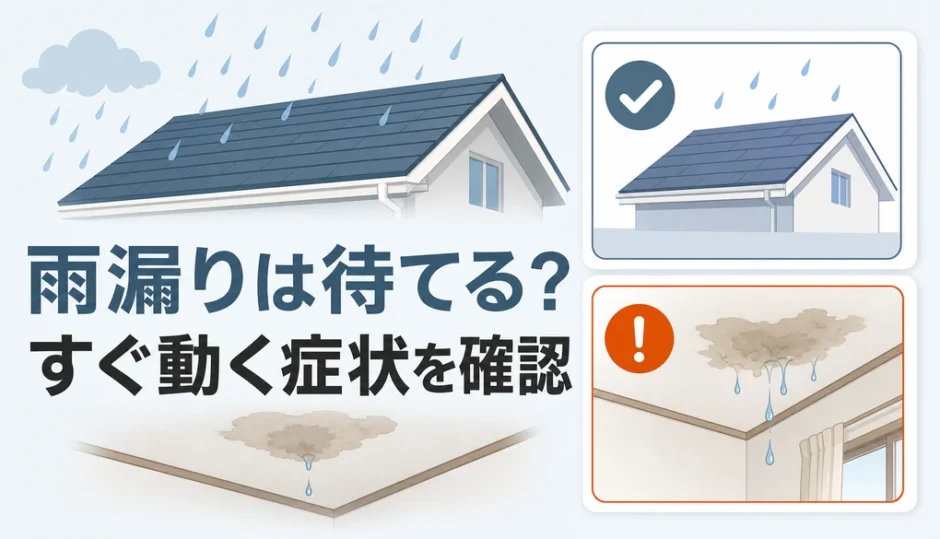 雨漏りをリフォームまで待てるか、すぐ動くべきかを示す判断イラスト