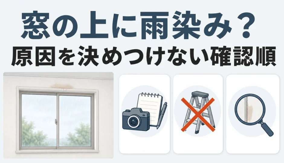窓の上に雨染みが出たとき、原因を決めつけず記録・高所NG・調査へ進む確認順