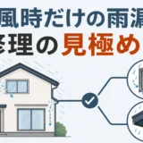 強風時だけ起きる雨漏りの修理判断を、窓と屋根の吹き込み箇所で示す図
