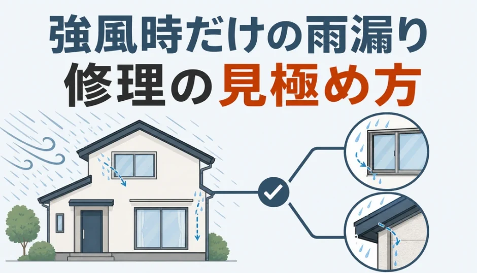強風時だけ起きる雨漏りの修理判断を、窓と屋根の吹き込み箇所で示す図