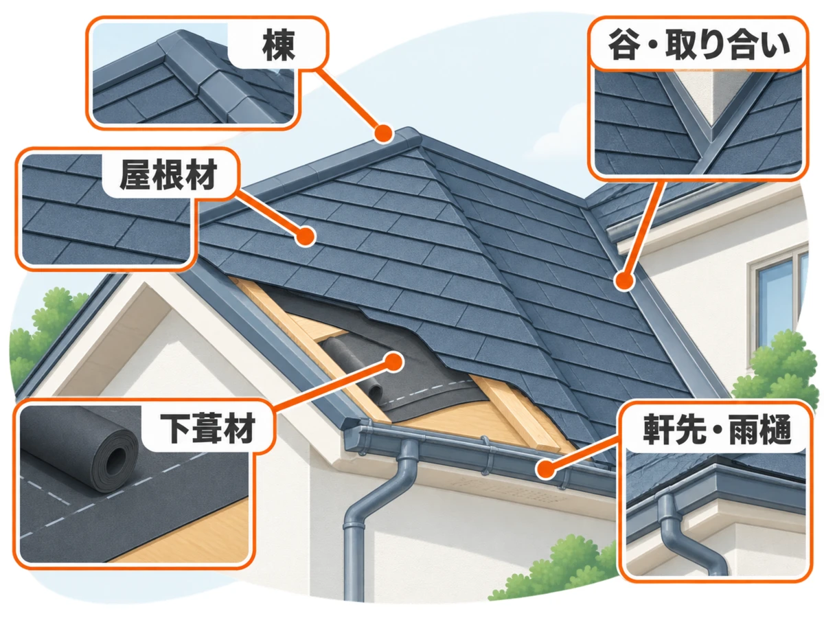 屋根点検で確認する棟、屋根材、谷・取り合い、下葺材、軒先・雨樋の位置