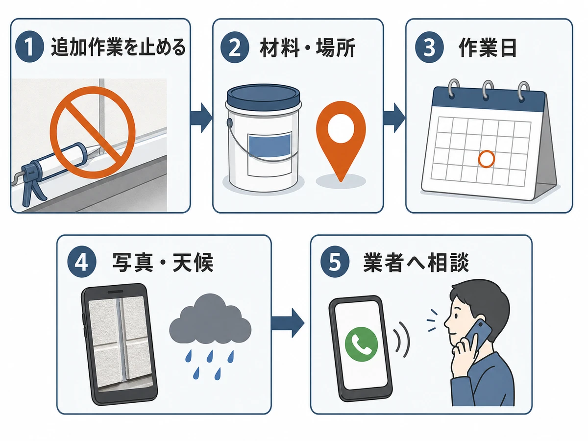 追加作業を止め、材料・場所・作業日・写真・天候を整理して業者へ相談する流れ
