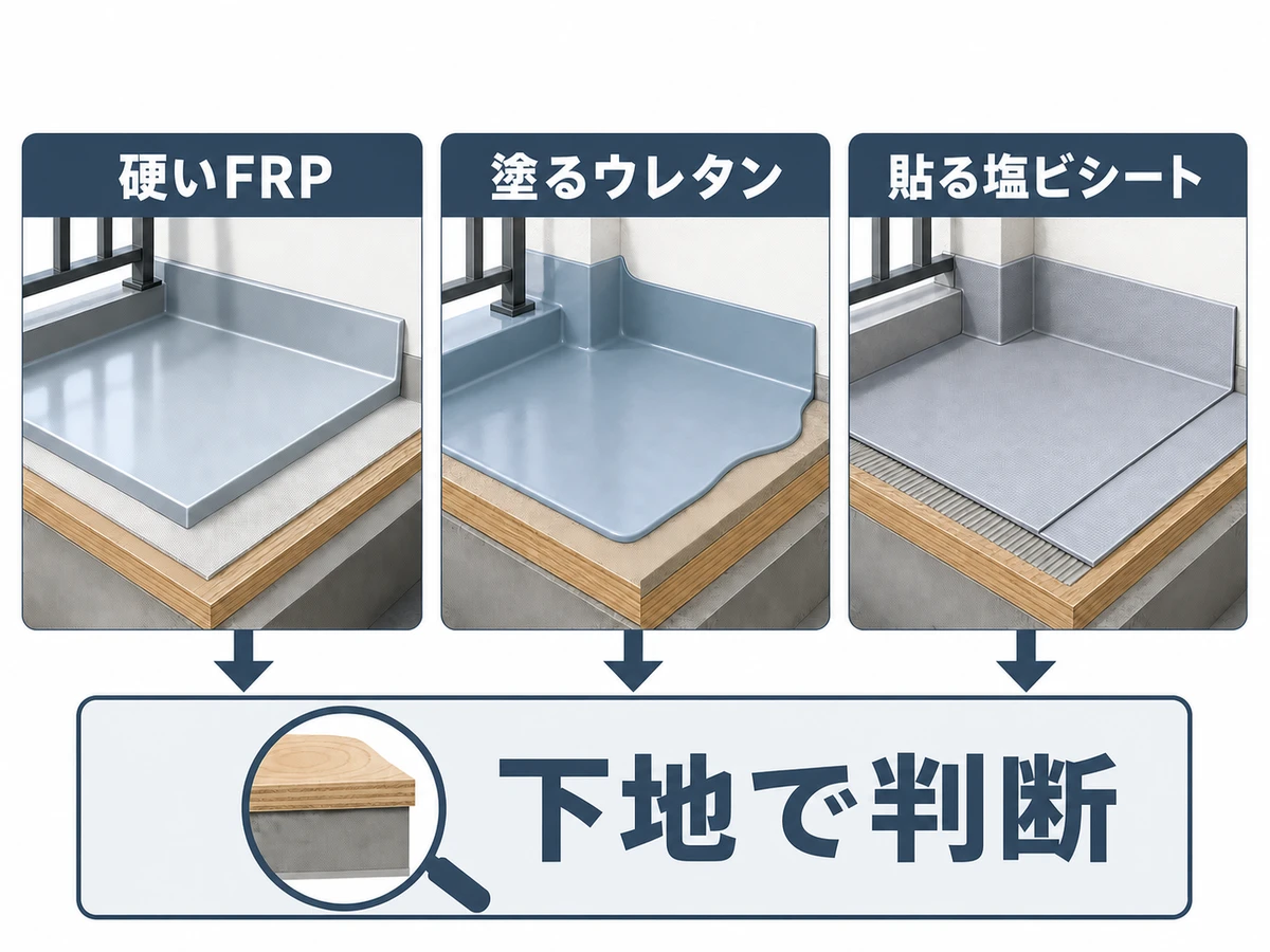 FRP・ウレタン・塩ビシートの作り方の違いと下地確認を示す比較図