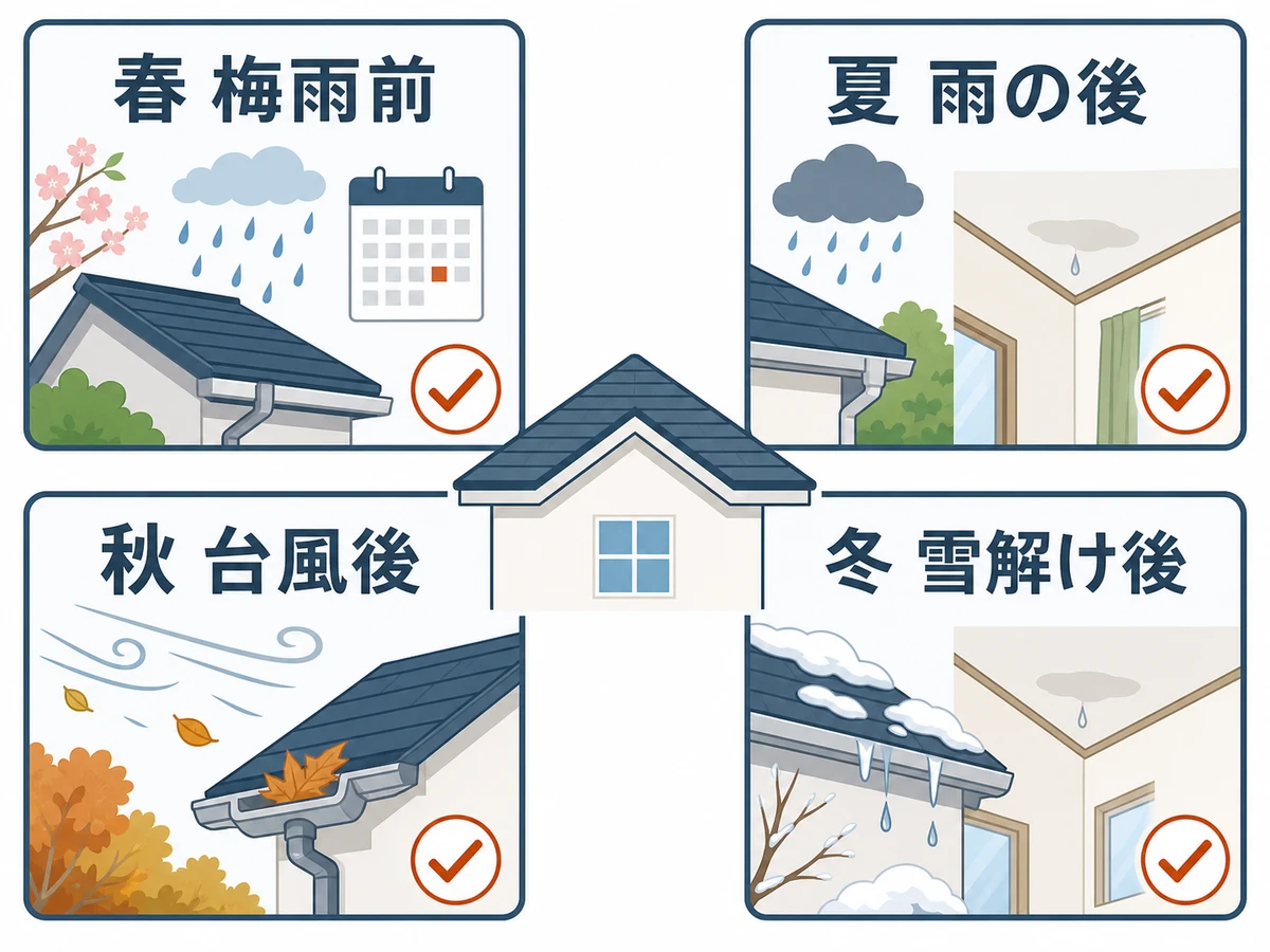 春は梅雨前、夏は雨の後、秋は台風後、冬は雪解け後に確認する季節別の目安