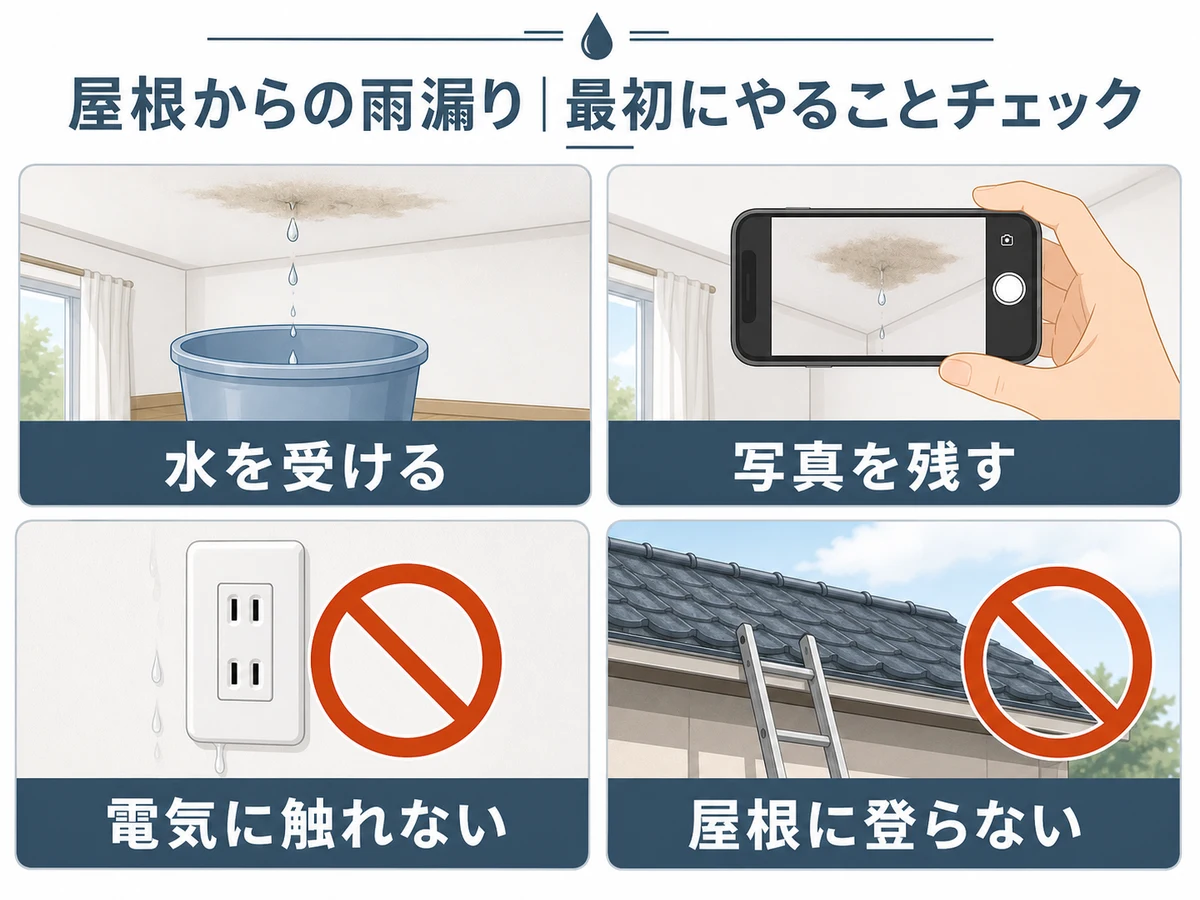 雨漏り時に水を受け、写真を残し、電気に触れず、屋根に登らない初動フロー