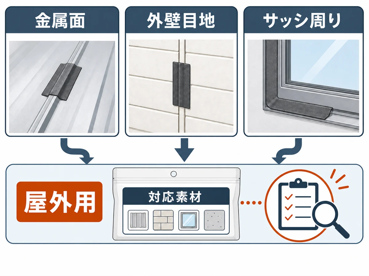 金属面・外壁目地・サッシ周りで防水テープの屋外用表示と対応素材を確認する比較図