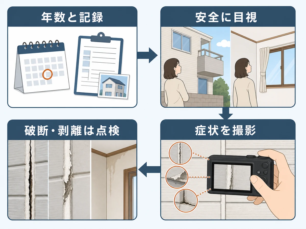 年数と記録、安全な目視、症状撮影、破断・剥離時の点検というコーキング確認の流れ