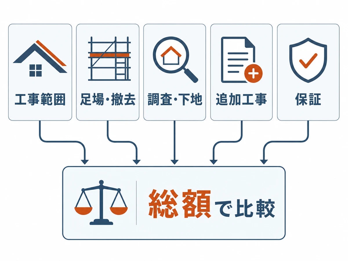 屋根修理の工事範囲・足場・調査・追加工事・保証を総額で比較する図