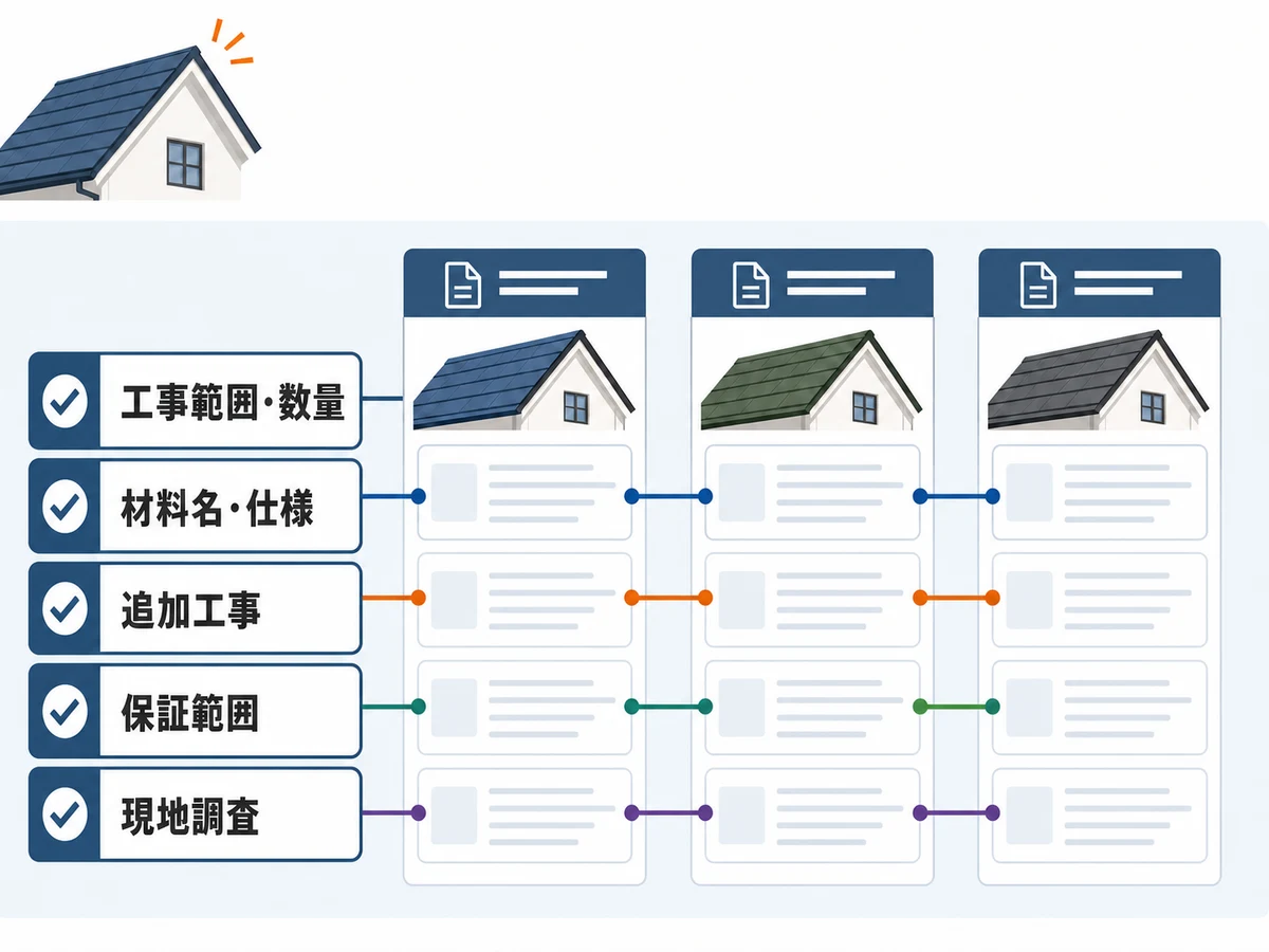 屋根修理の見積書を5項目で横並びにする比較図