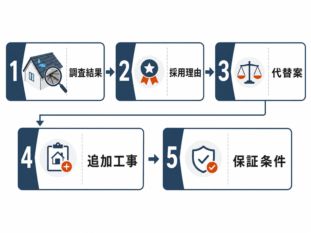 雨漏り修理の提案で調査結果・採用理由・代替案・追加工事・保証条件を確認する流れ