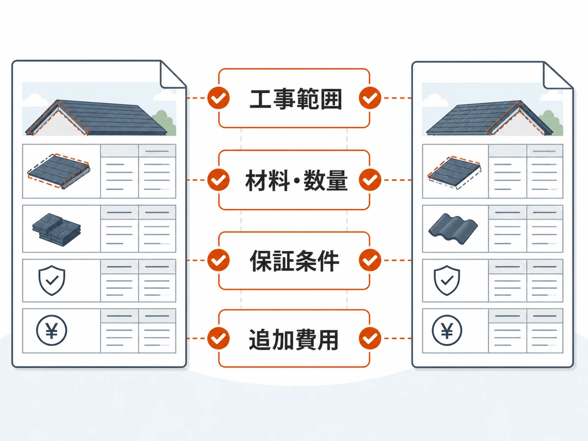 2社の雨漏り修理見積書を工事範囲・材料と数量・保証条件・追加費用で比べる図