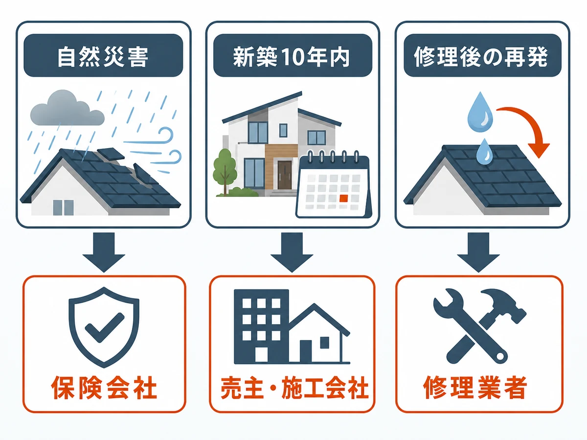 雨漏りの原因別に保険会社・売主や施工会社・修理業者を選ぶ判断図