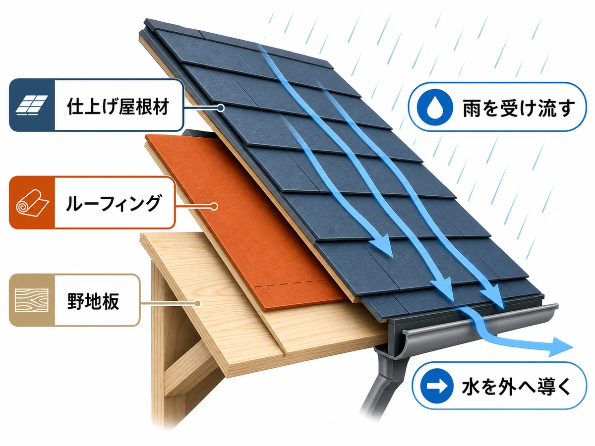 仕上げ屋根材・ルーフィング・野地板の3層と雨水の流れ