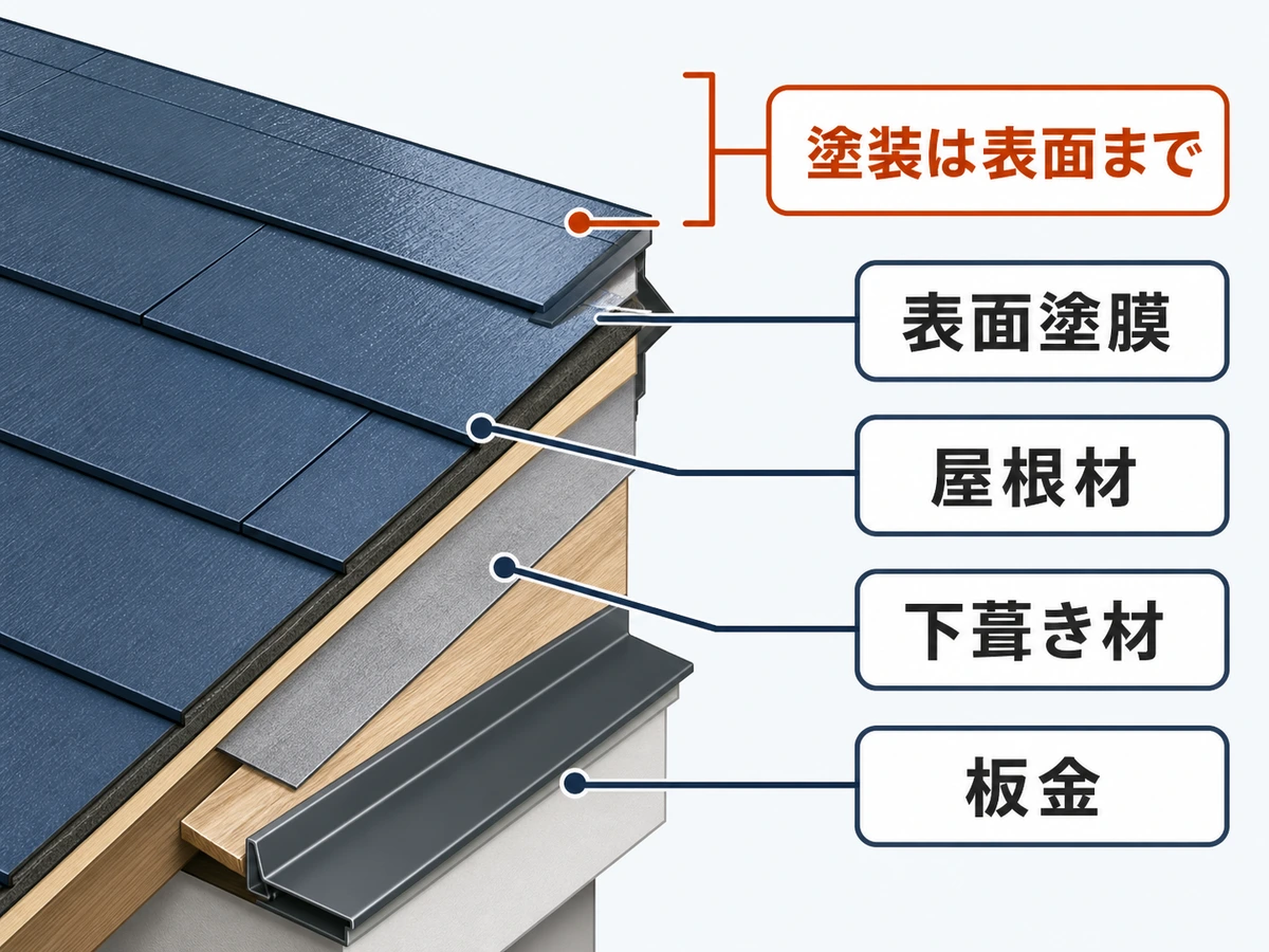 表面塗膜・屋根材・下葺き材・板金と屋根塗装が届く範囲を示す図