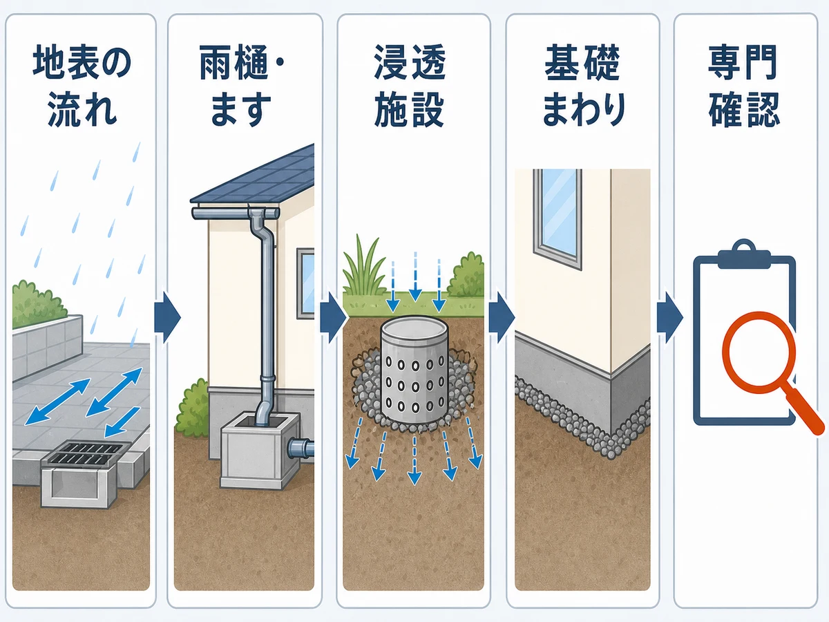 地表の流れ、雨樋とます、浸透施設、基礎まわり、専門確認の順に外構排水を点検する図