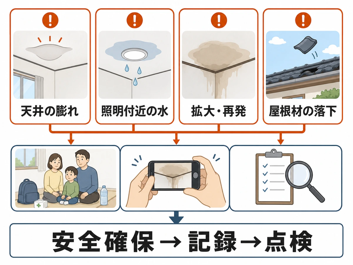 天井の膨れや照明付近の水、シミ拡大、屋根材落下から安全確保・記録・点検へ進む判断図