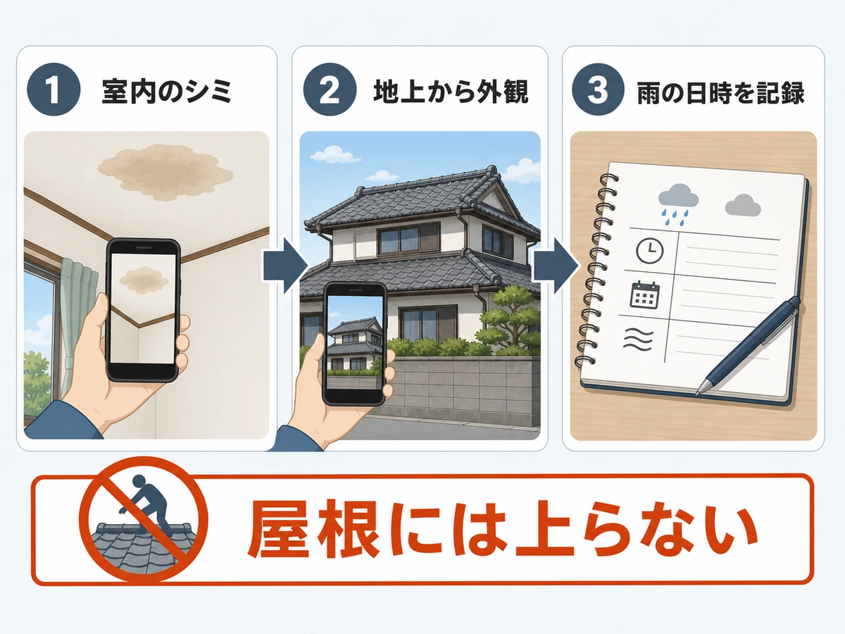 屋根に上らず室内、地上、雨の日時を順に確認する流れ