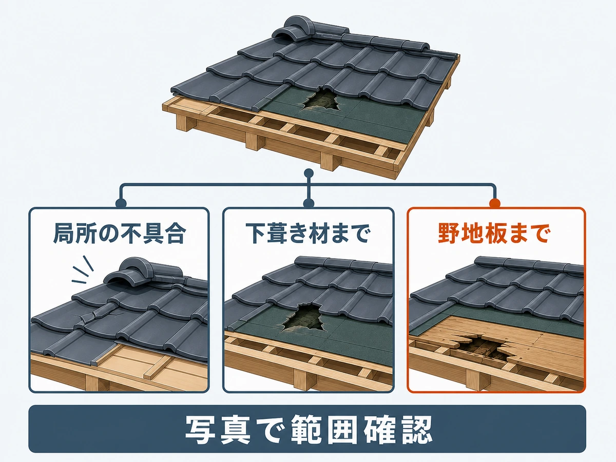 瓦屋根の不具合が下葺き材や野地板まで及ぶ範囲を写真で確認する判断図