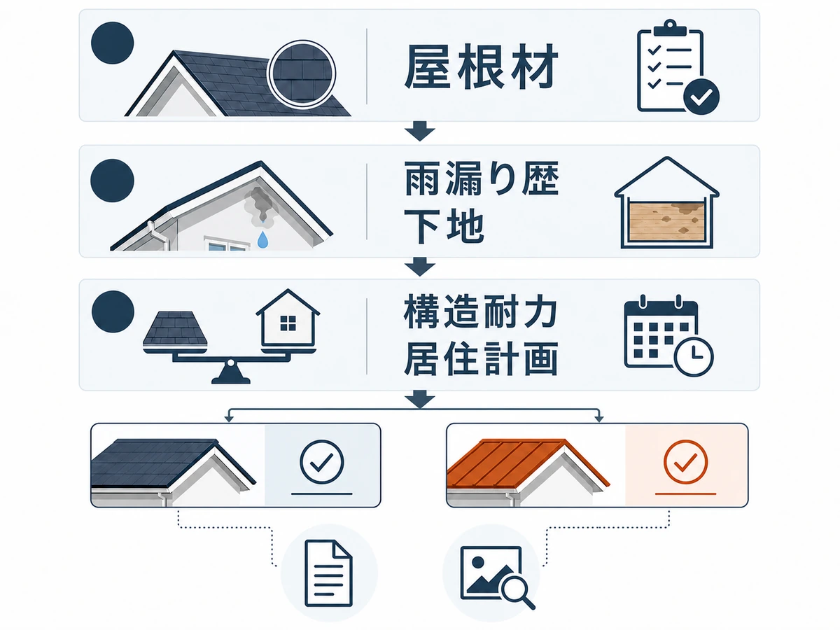 屋根材、雨漏り歴、下地、構造耐力、居住計画の順で工法候補を整理する図