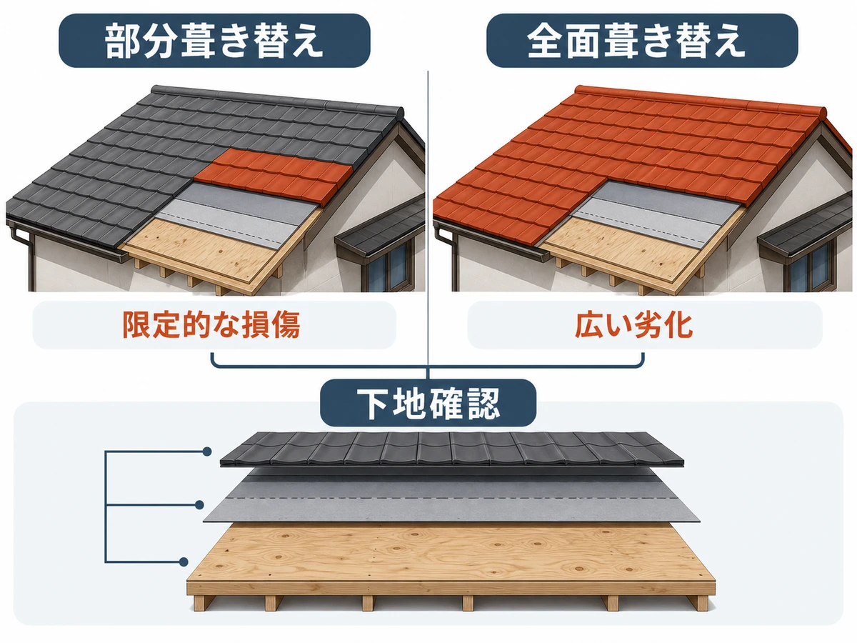 部分葺き替えと全面葺き替えの向く状態を下地確認と合わせて比較する図