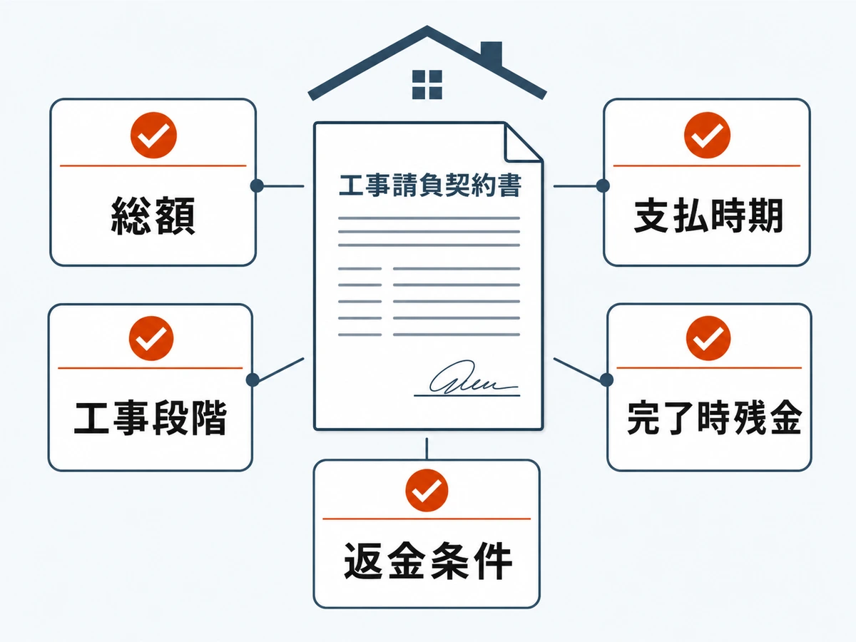 屋根工事の契約書で総額、支払時期、工事段階、完了時残金、返金条件を確認する図