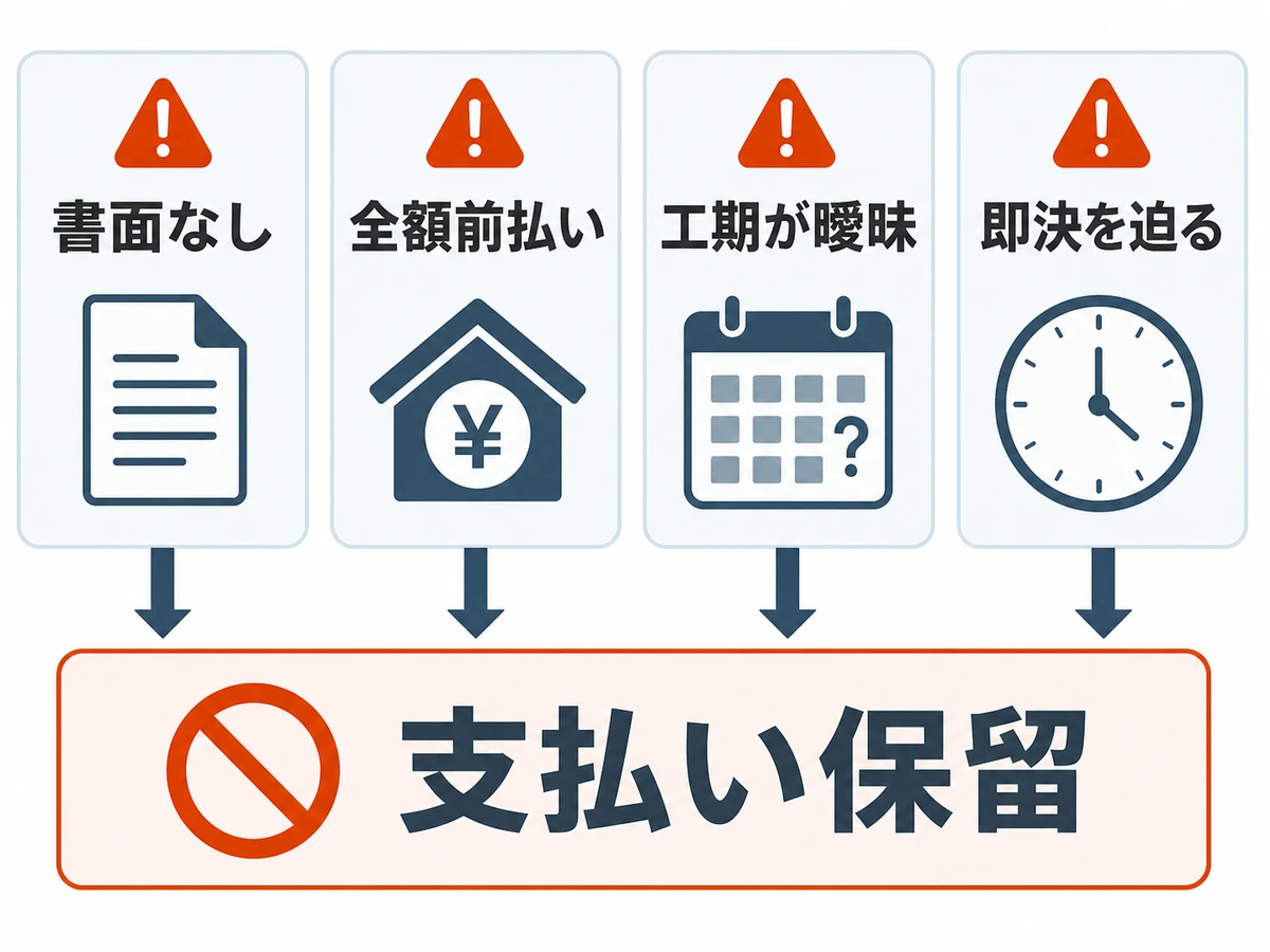 書面なし、全額前払い、工期が曖昧、即決を迫る場合は支払いを保留する判断図