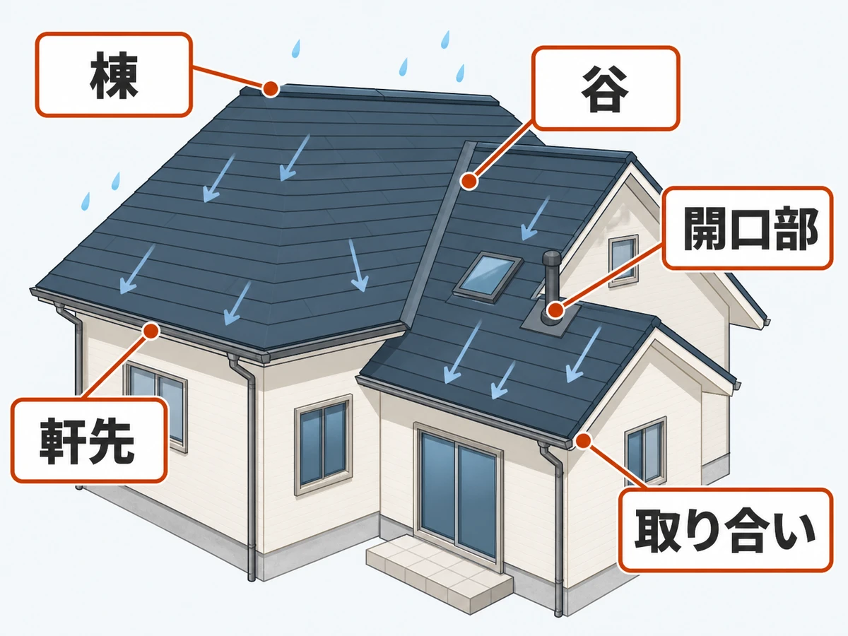 雨仕舞いで確認する棟・谷・軒先・取り合い・開口部の位置