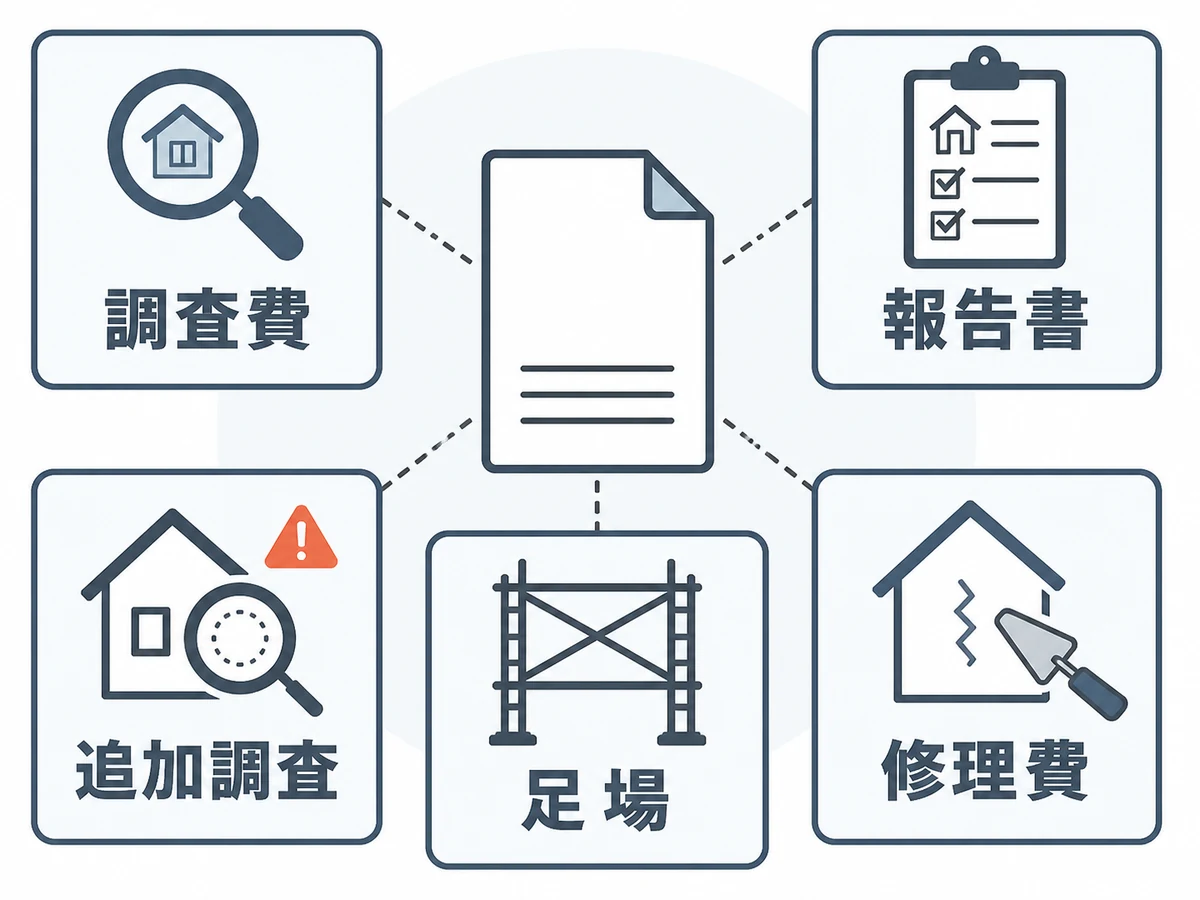 雨漏り調査と修理のセット契約を調査費や足場などに分ける図