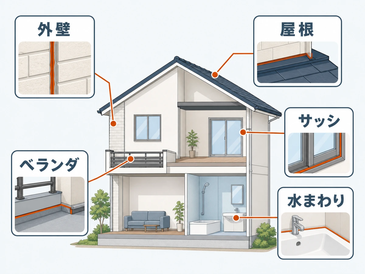 外壁・屋根・サッシ・ベランダ・水まわりのシーリング材確認箇所
