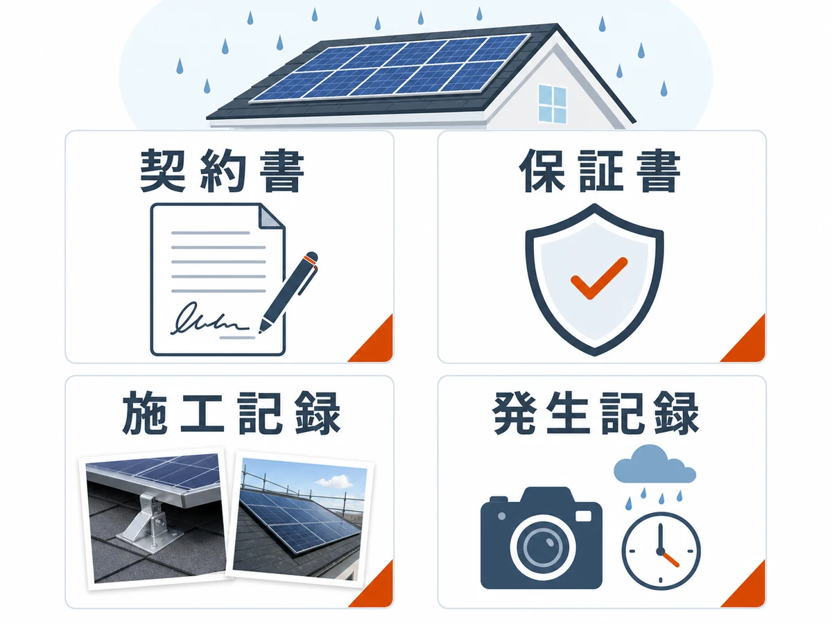 太陽光パネル設置後の雨漏りで相談前にそろえる契約書・保証書・施工記録・発生記録