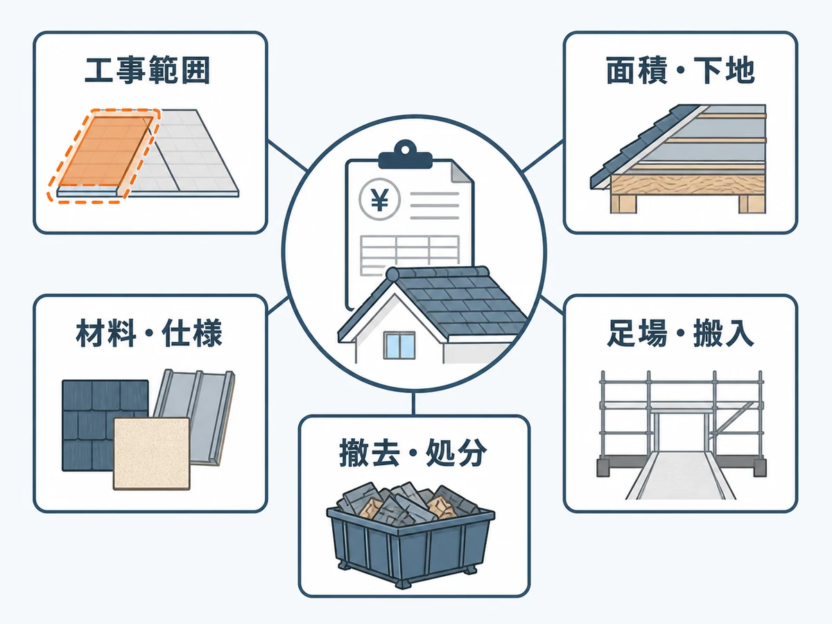 屋根修理の見積総額を工事範囲、面積と下地、材料、足場、撤去処分に分けた図