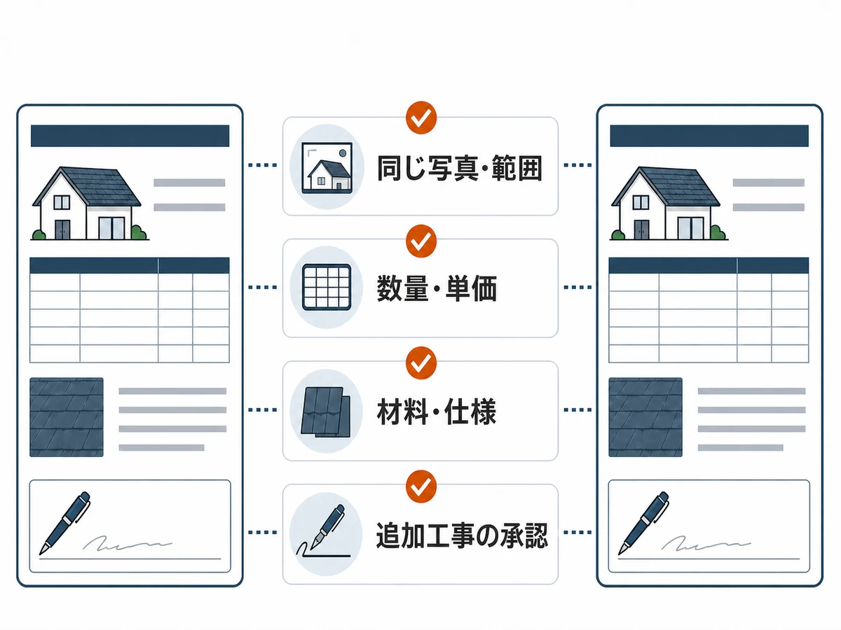 2社の屋根修理見積もりを同じ写真と範囲、数量と単価、材料、追加工事承認で比べる図
