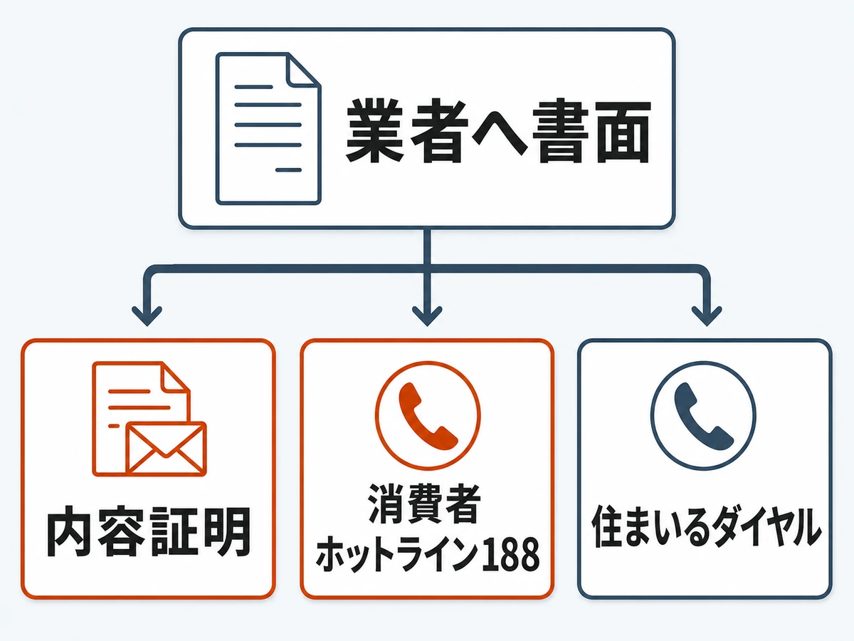業者への書面連絡から内容証明・消費者ホットライン188・住まいるダイヤルへ進む分岐