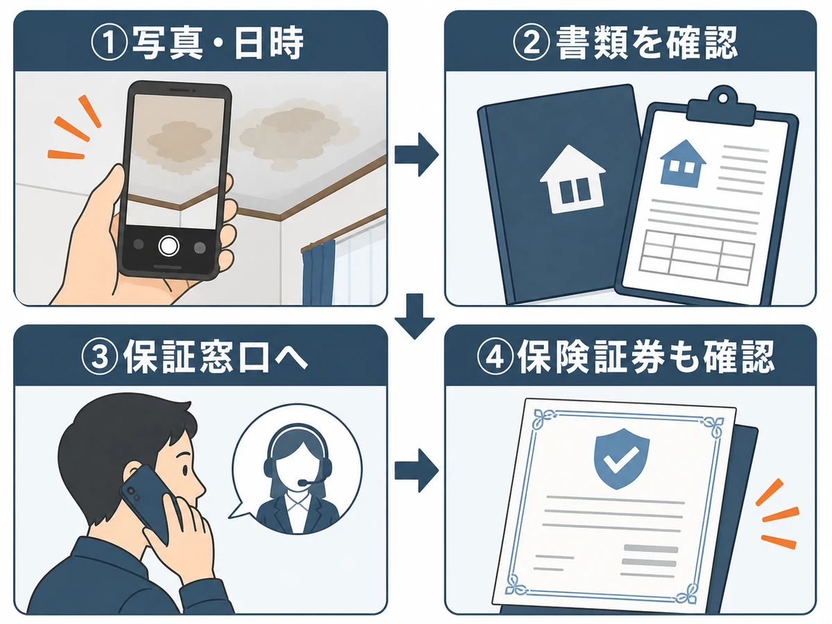 雨漏り再発時に写真と日時を残し、書類を確認して保証窓口と保険契約を確認する順番