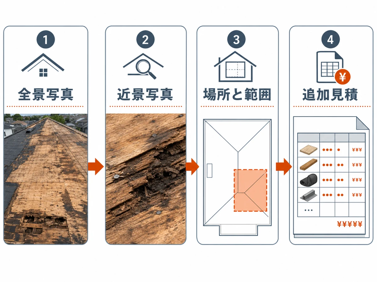 下地腐朽を全景写真、近景写真、場所と範囲、追加見積で確認する流れ
