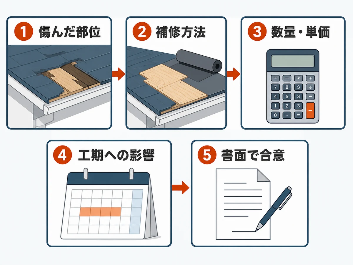 追加工事前に傷んだ部位、補修方法、数量・単価、工期を確認して書面で合意する流れ