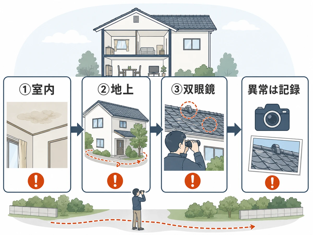 屋根に登らず室内、地上、双眼鏡の順に確認し、異常を記録する流れ