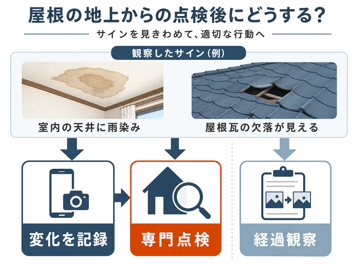 屋根点検で見つけた雨染みや欠落を記録し、専門点検または経過観察へ分ける判断図