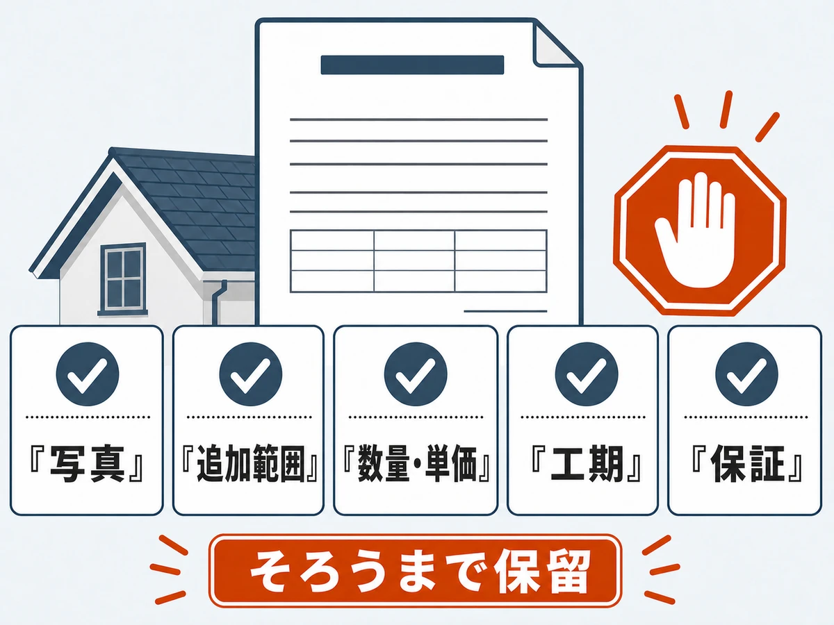 写真・追加範囲・数量と単価・工期・保証の書面チェック