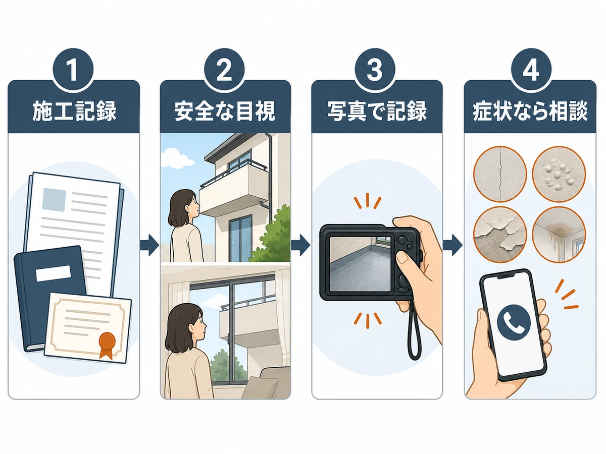 施工記録、安全な目視、写真記録、症状時の相談という防水確認の流れ