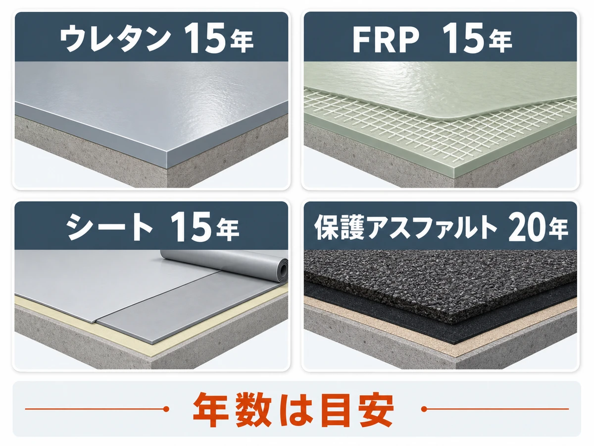 ウレタン、FRP、シート、保護アスファルト防水の参照年数を比較する図